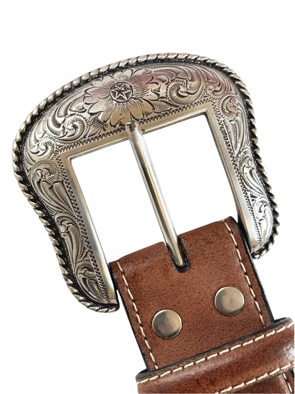 Nocona Western Cognac Brown Genuine Leather Belt Silver Buckle Size 32